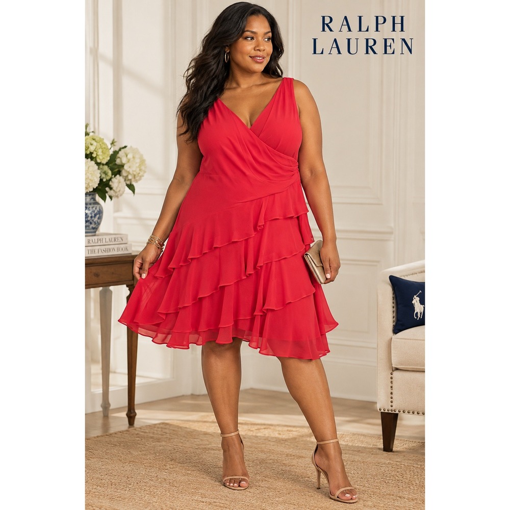 Lauren Ralph Lauren Red Tiered Ruffle Chiffon Cocktail Dress Size 18